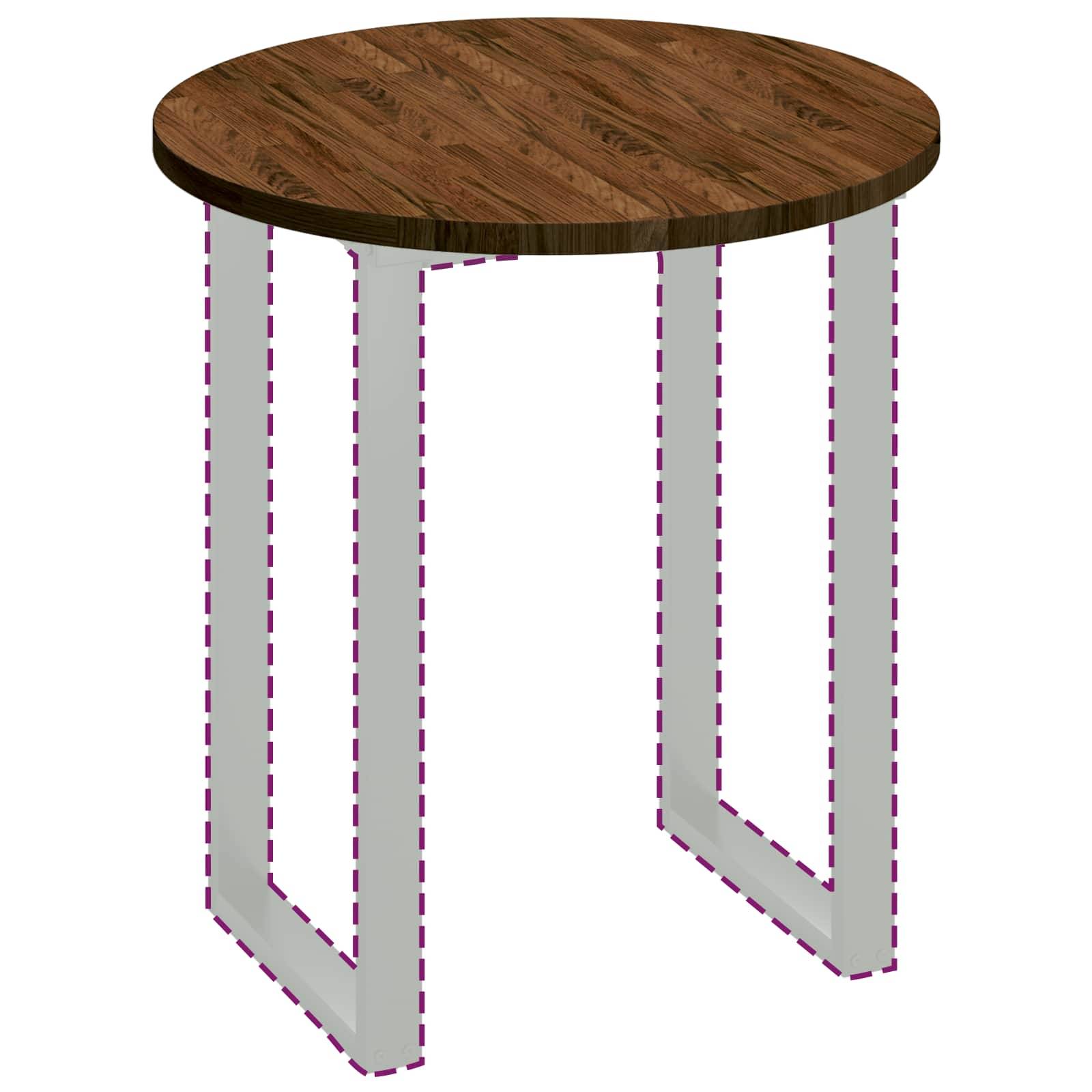 Ein runder Holzhocker mit hellfarbigen, quadratischen Beinen, der mit gestrichelten Umrisslinien entworfen ist, die seine Form oder Montageart andeuten.