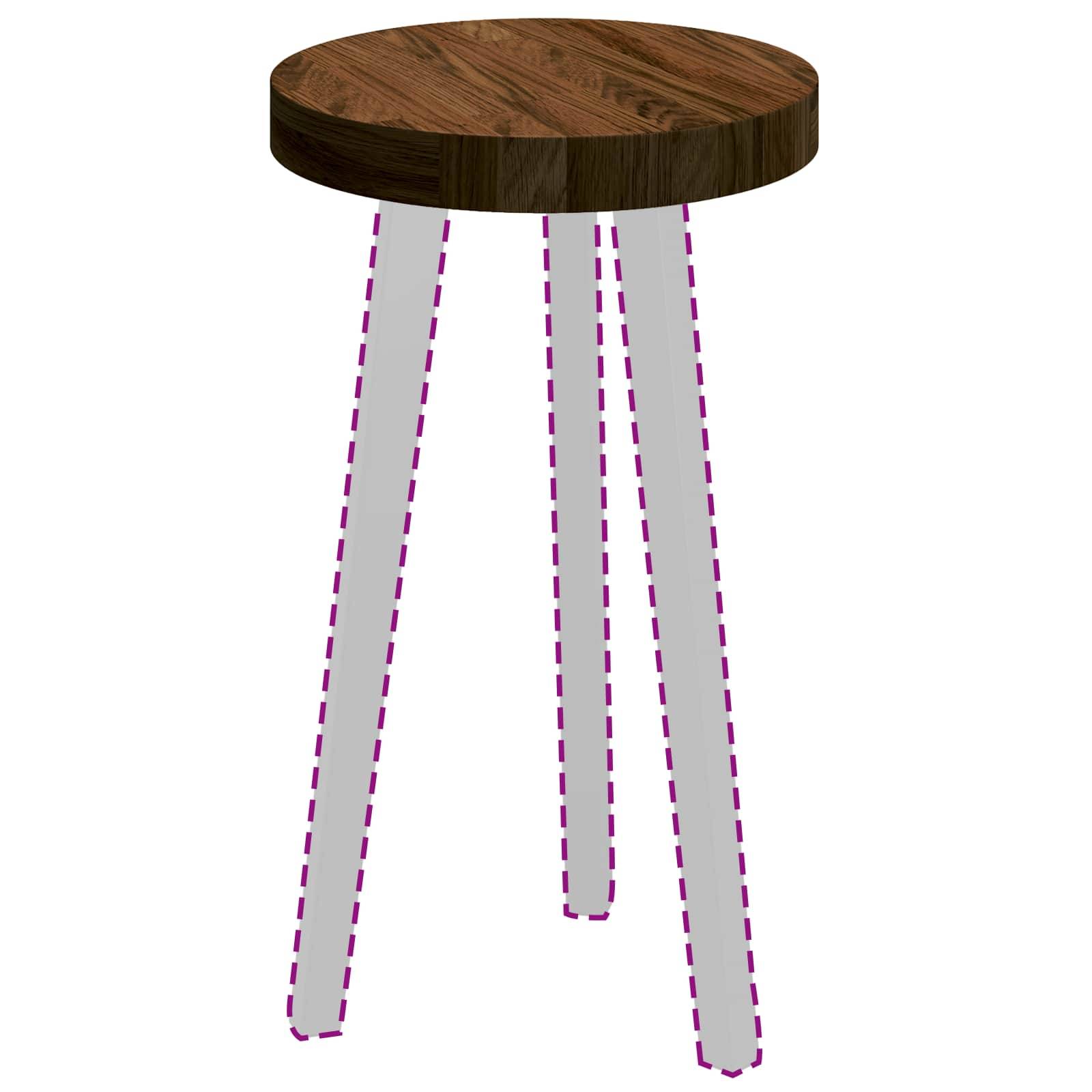 Ein Holzhocker hat einen runden, dunkelbraunen Holzsitz, der auf drei sichtbaren, halb-transparenten Beinen ruht, die von violetten gestrichelten Linien hervorgehoben werden.