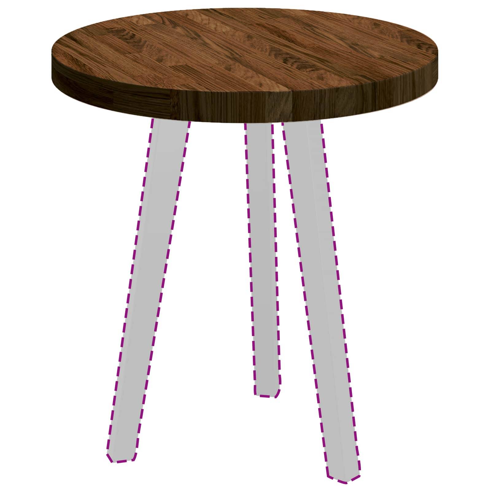 Eine runde Holztischplatte ohne Beine, mit gestrichelten violetten Linien umrandet, die zeigen, wo Beine befestigt werden könnten.