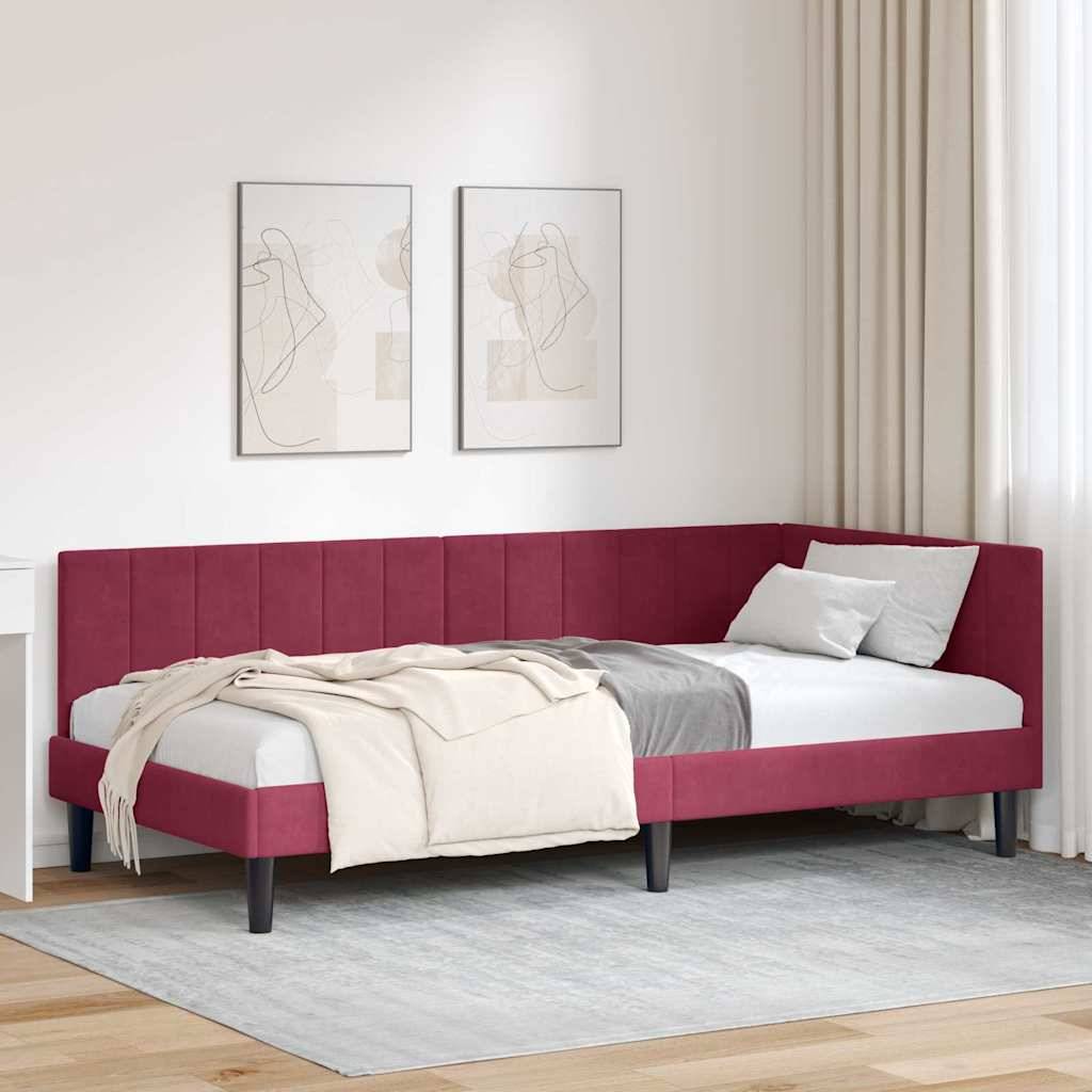 vidaXL Eckbettgestell mit Kopfteil Weinrot 90 cm x 190 cm Samt