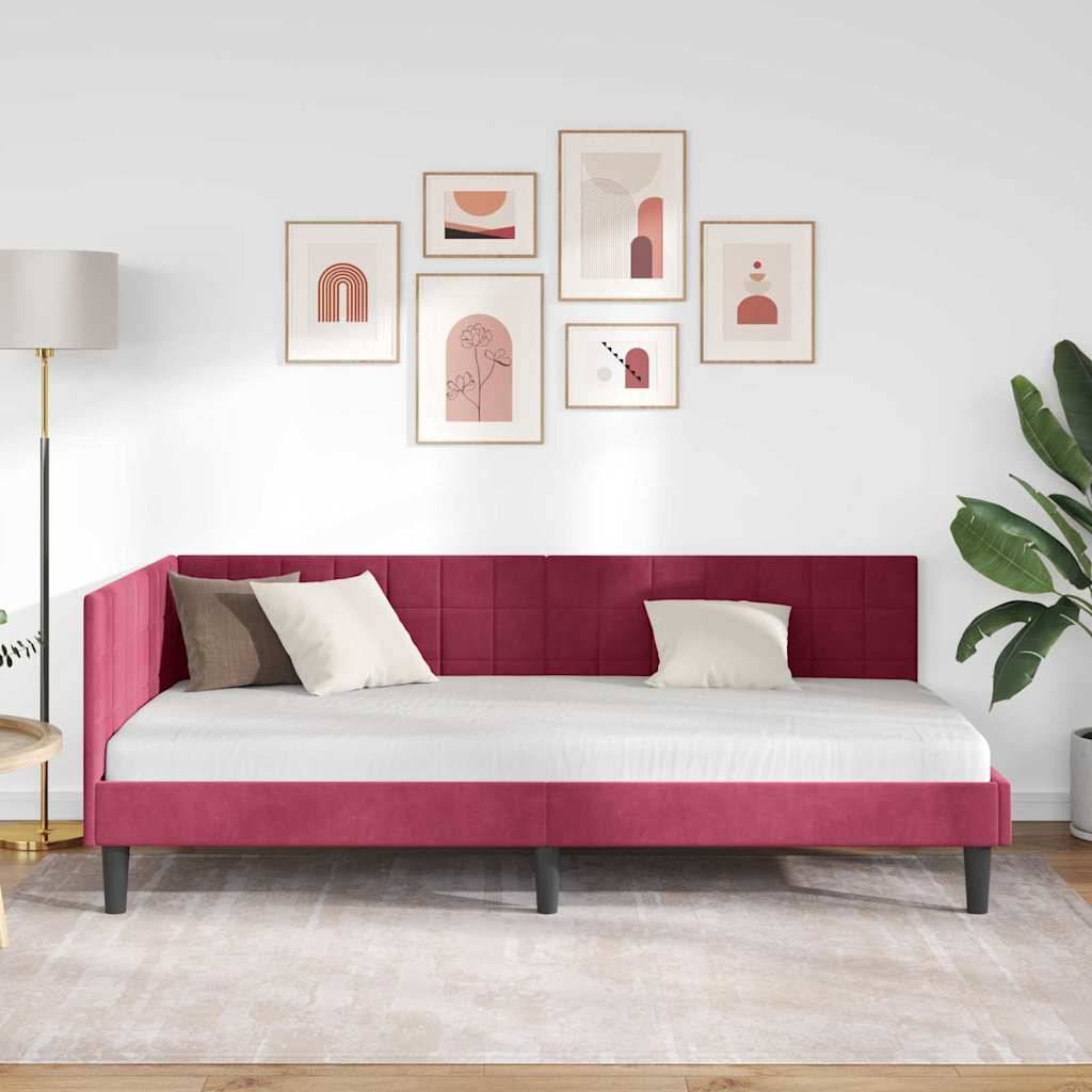 vidaXL Eckbettgestell mit Kopfteil Weinrot 90 cm x 200 cm Samt