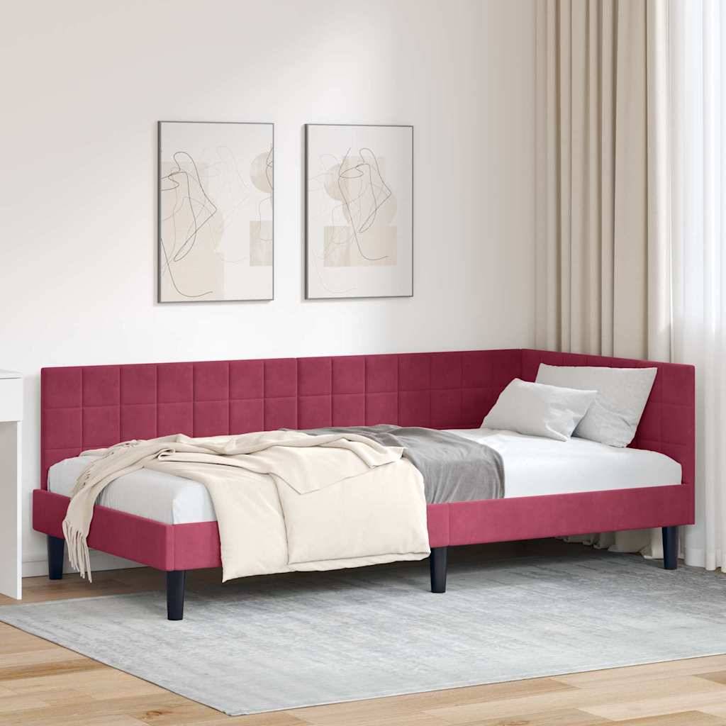 vidaXL Eckbettgestell mit Kopfteil Weinrot 90 cm x 190 cm Samt