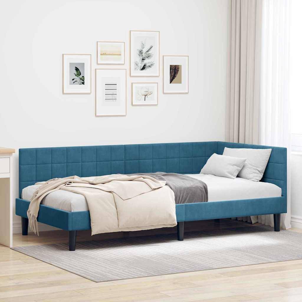 vidaXL Eckbettgestell mit Kopfteil Blau 90 cm x 200 cm Samt