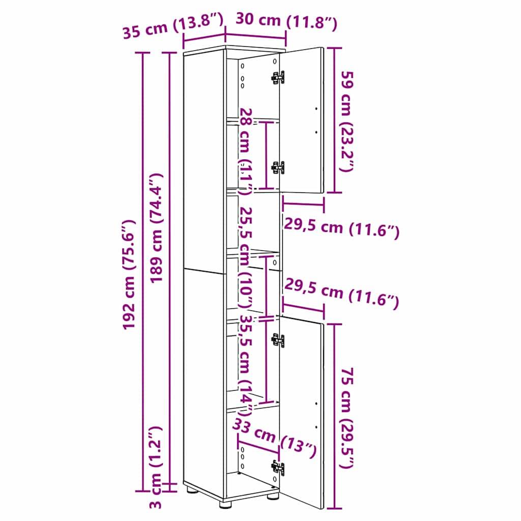 vidaXL Badezimmerschrank mit Speicher mit Tür Altholz 30 x 35 x 192 cm
