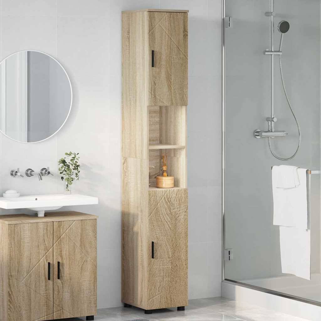 Ein modernes Badezimmer mit einem hohen Holzschrank, einem runden Spiegel über einem Holzwaschbeckenunterschrank und einer gläsernen Duschkabine.