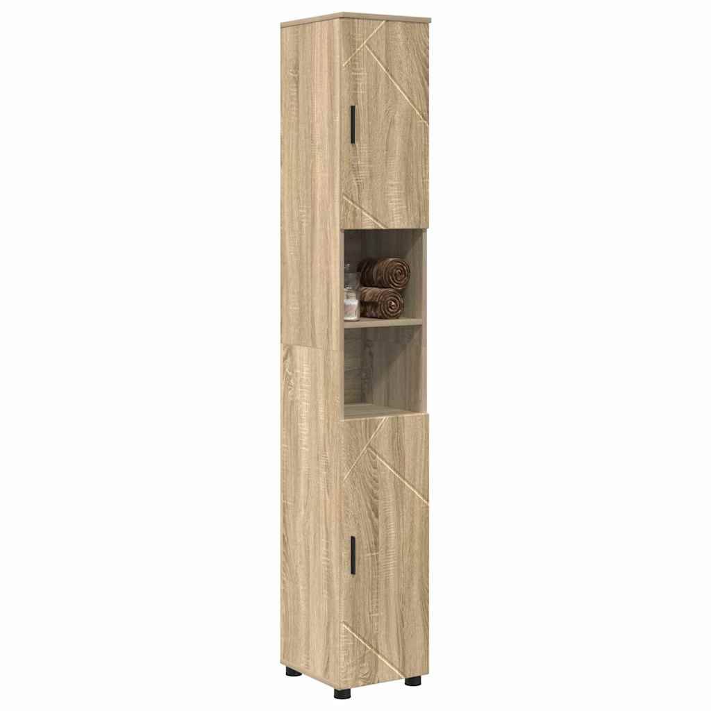 Ein hoher, schmaler Holzschrank mit einem geometrischen Muster auf seinen Türen. Er verfügt über zwei geschlossene Fächer und ein offenes mittleres Regal, auf dem aufgerollte Handtücher präsentiert werden.