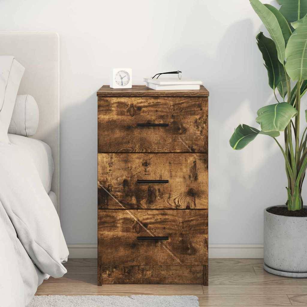 Nachttisch aus Holz mit drei Schubladen neben einem Bett, mit einer kleinen Uhr und Büchern oben drauf, neben einer Topfpflanze in einem minimalistischen Schlafzimmer.