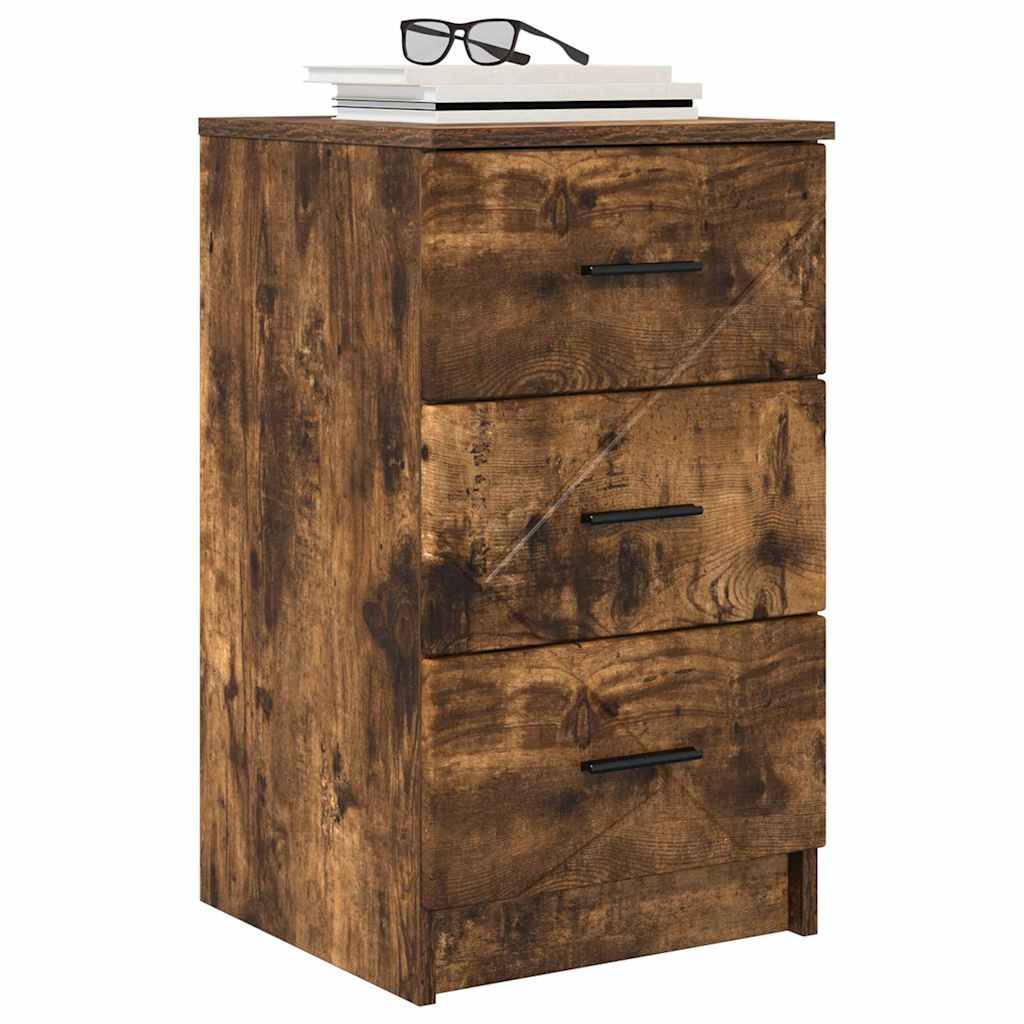 Rustikaler Holz-Nachttisch mit drei Schubladen und schwarzen Griffen, dargestellt mit Büchern und Brille obendrauf.