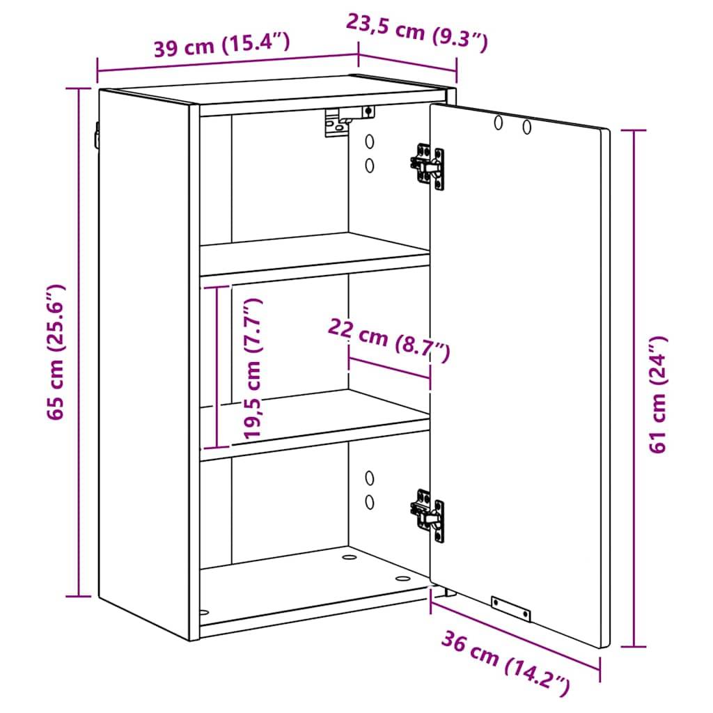 Diagramm mit Abmessungen eines Schranks mit einer Tür. Höhe: 65 cm, Breite: 39 cm, Tiefe: 23,5 cm, und Türhöhe: 61 cm.