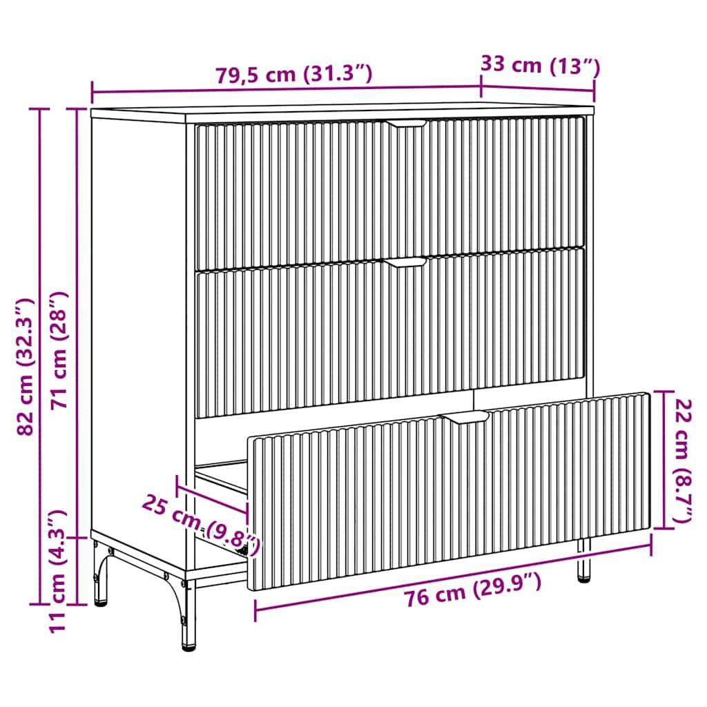 Technische Zeichnung eines Schranks mit Maßen: Höhe 82 cm, Breite 79,5 cm, Tiefe 33 cm. Ausstattung mit zwei Schubladen. Untere Schublade geöffnet, mit angegebenen Maßen.