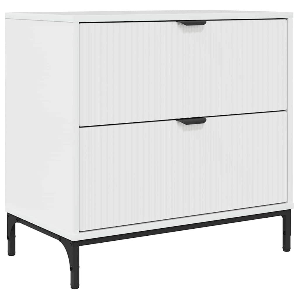 Ein weißer Aktenschrank mit zwei Schubladen und schwarzen Metallbeinen, mit clearem, minimalistischem Design und horizontalen Griffzügen.