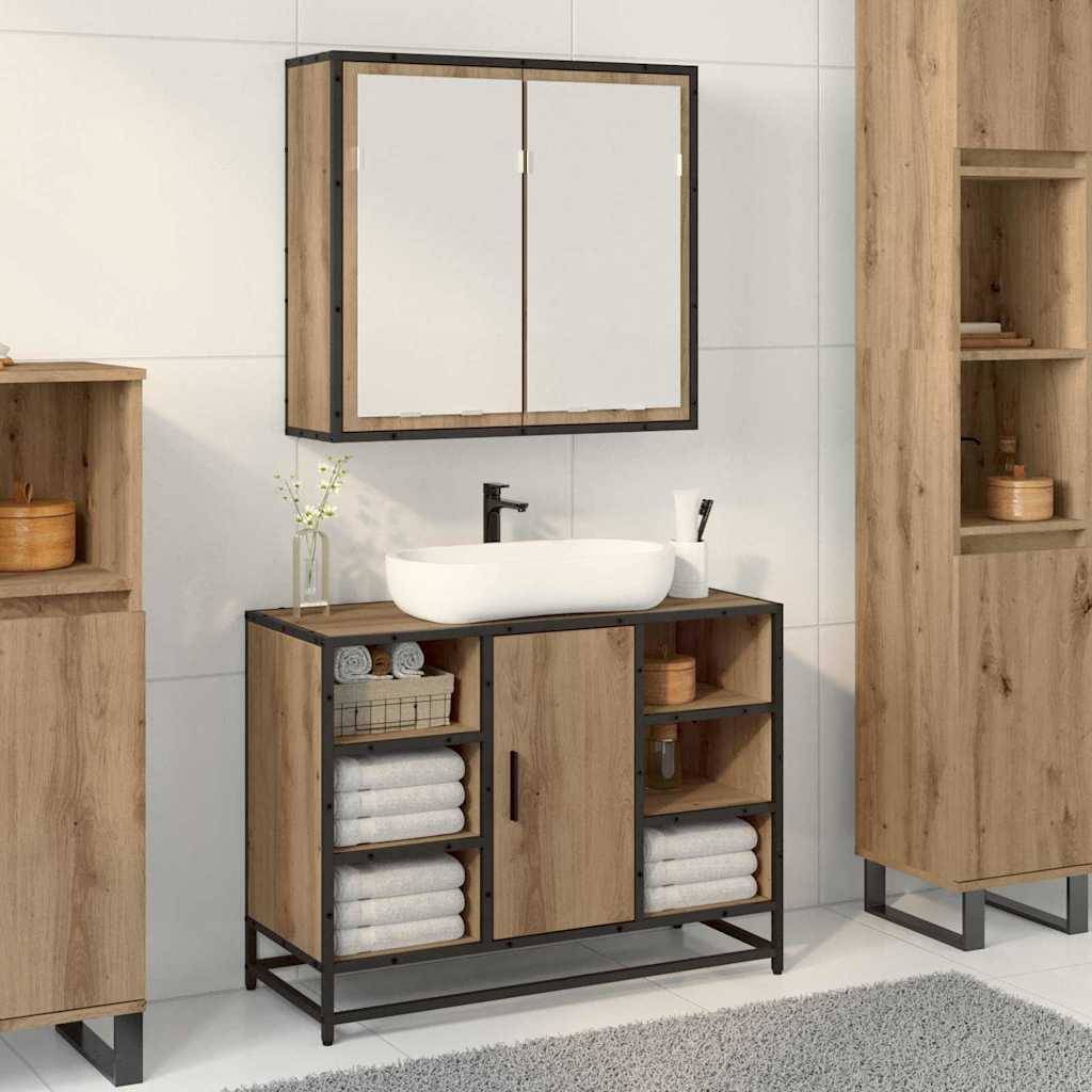 Ein modernes Badezimmer mit einem Waschtisch in Holzoptik, der ein weißes Waschbecken enthält, offene Regale mit Handtüchern und einen Spiegelschrank darüber.