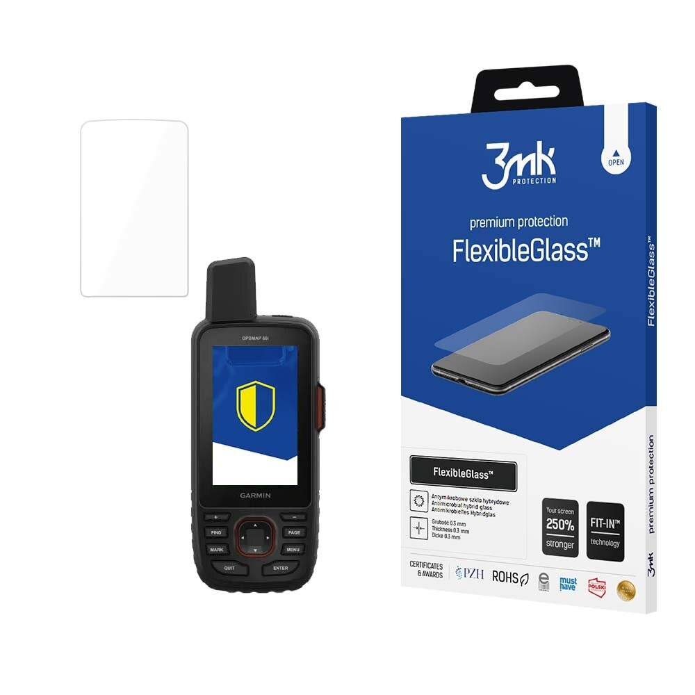 „Displayschutzfolie-Paket mit einem robusten Telefon, das ein Schild-Symbol zeigt. Der Text auf der Box lautet „Premium Protection FlexibleGlass