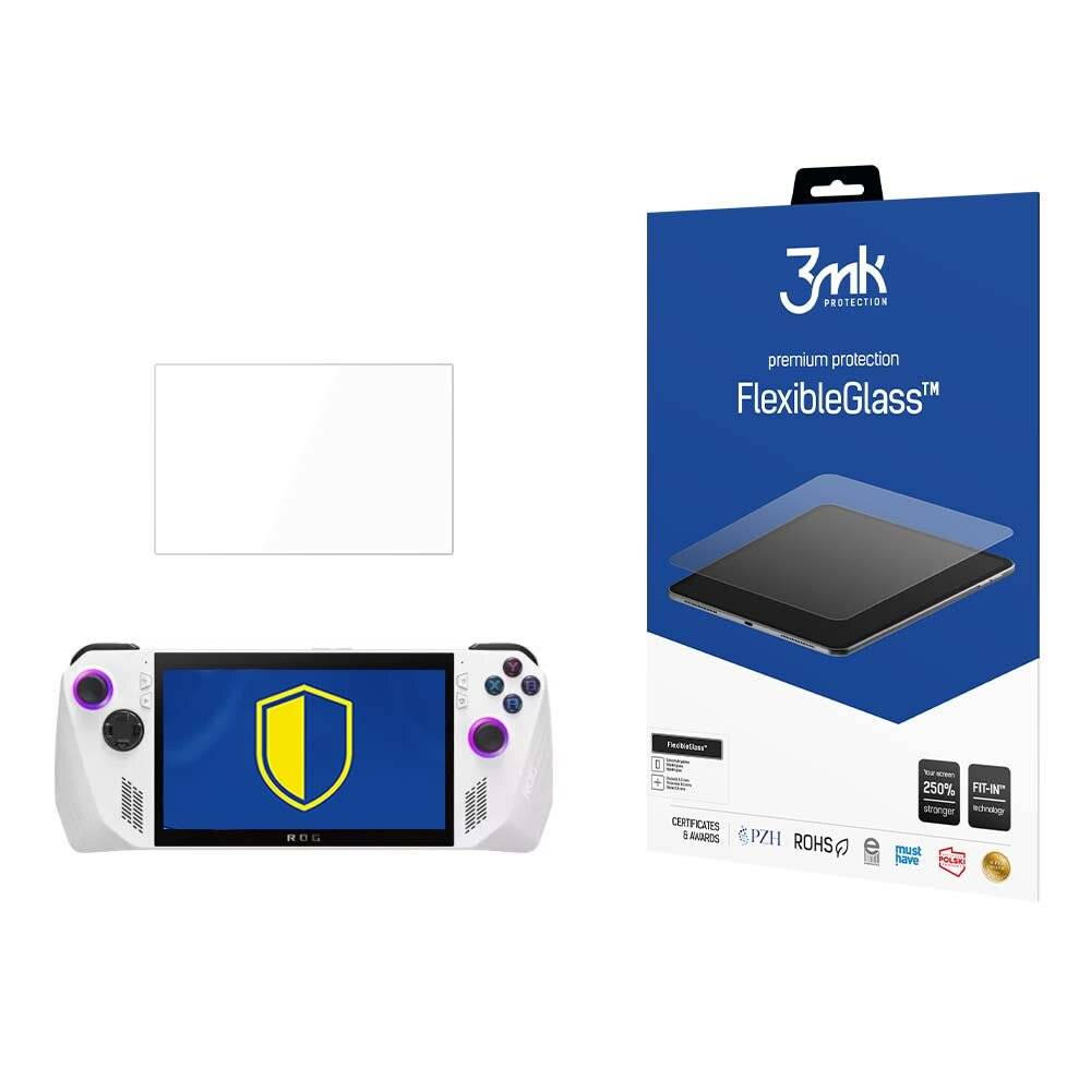 Verpackung von '3mk premium protection FlexibleGlass' neben einem tragbaren Gaming-Gerät mit einem Schildsymbol auf dem Bildschirm.