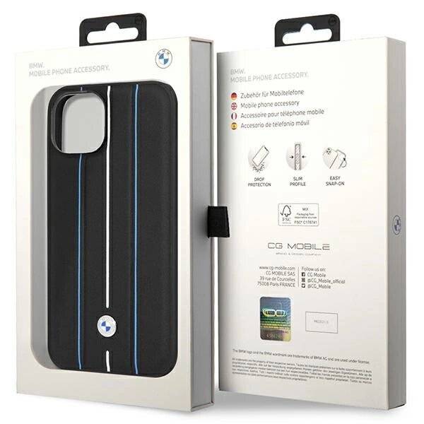 Hülle BMW BMHCP14S22RVSK iPhone 14 6,1" schwarz/schwarz Hardcase Leder Stamp Blue Lines