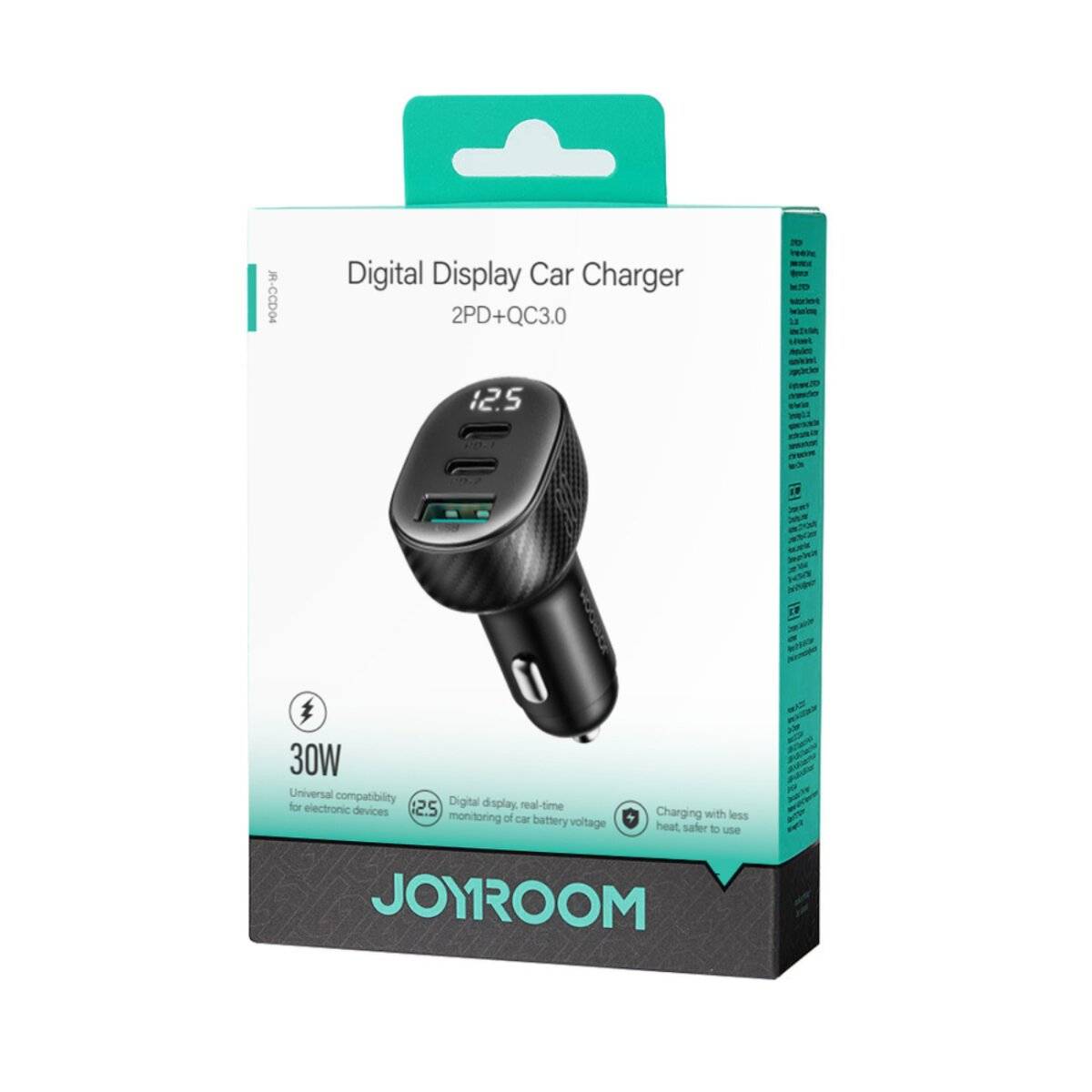 Joyroom JR-CCD04 30W 2x USB-C USB-A Autoladegerät Display - Schwarz