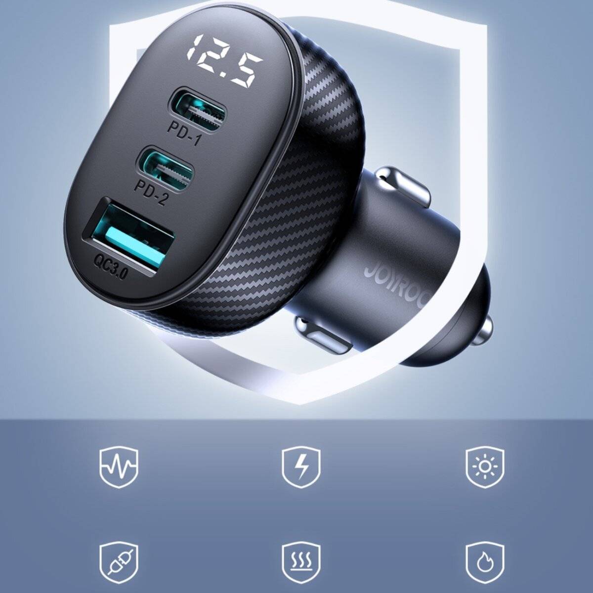 Joyroom JR-CCD04 30W 2x USB-C USB-A Autoladegerät Display - Schwarz