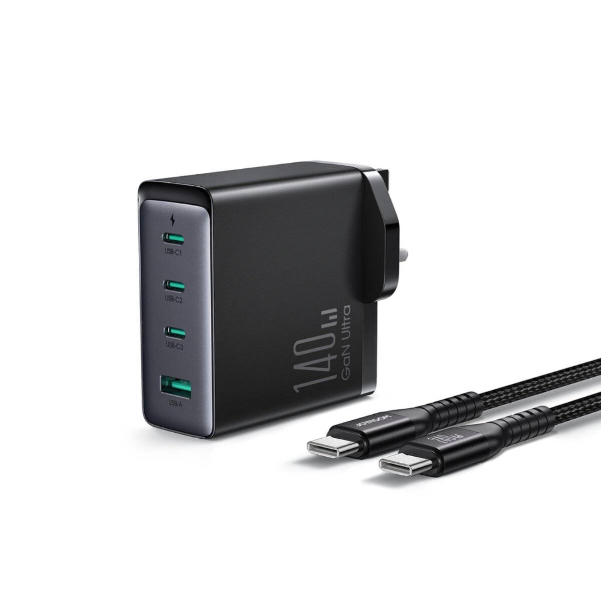 Joyroom JR-TCG05UK GaN-Schnellladegerät 140W 3x USB-C + USB-A mit USB-C/USB-C Kabel 240W 1,2m – UK