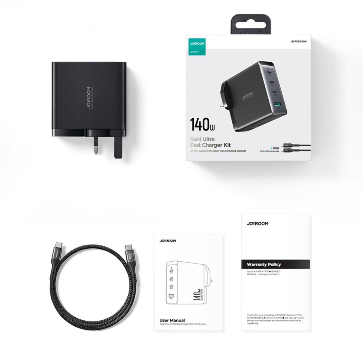 GaN-Ladegerät UK Joyroom JR-TCG05UK 140 W 3x USB-C USB-A + / USB-C-Kabel 240 1,2 m