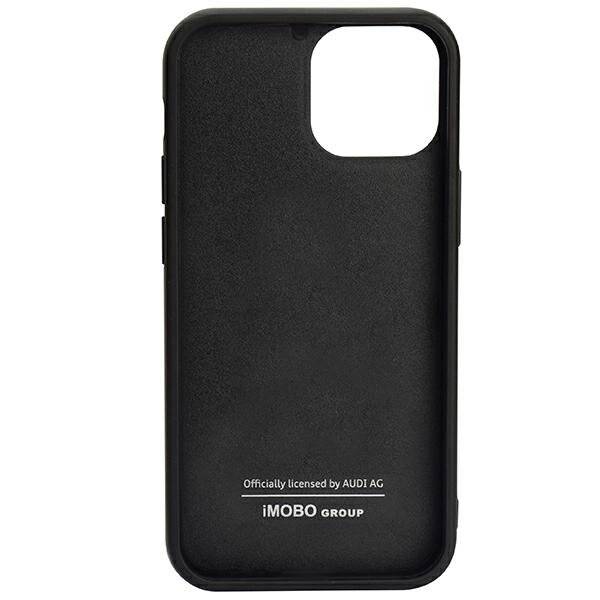 Ein schwarzer Smartphone-Case mit einem rechteckigen Kameraausschnitt und dem Text „Officially licensed by AUDI AG, iMOBO GROUP