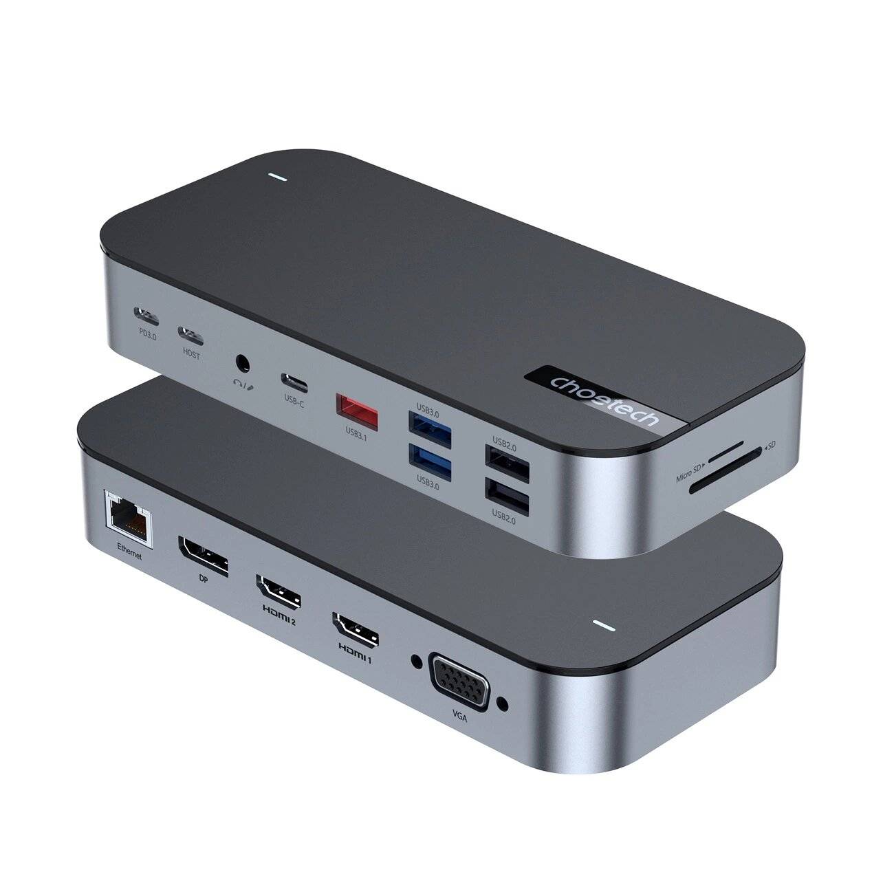 HUB Choetch M52 USB-C – PD/USB-C/USB-A/HDMI/VGA/DP/SD/TF/RJ45/AUX grau