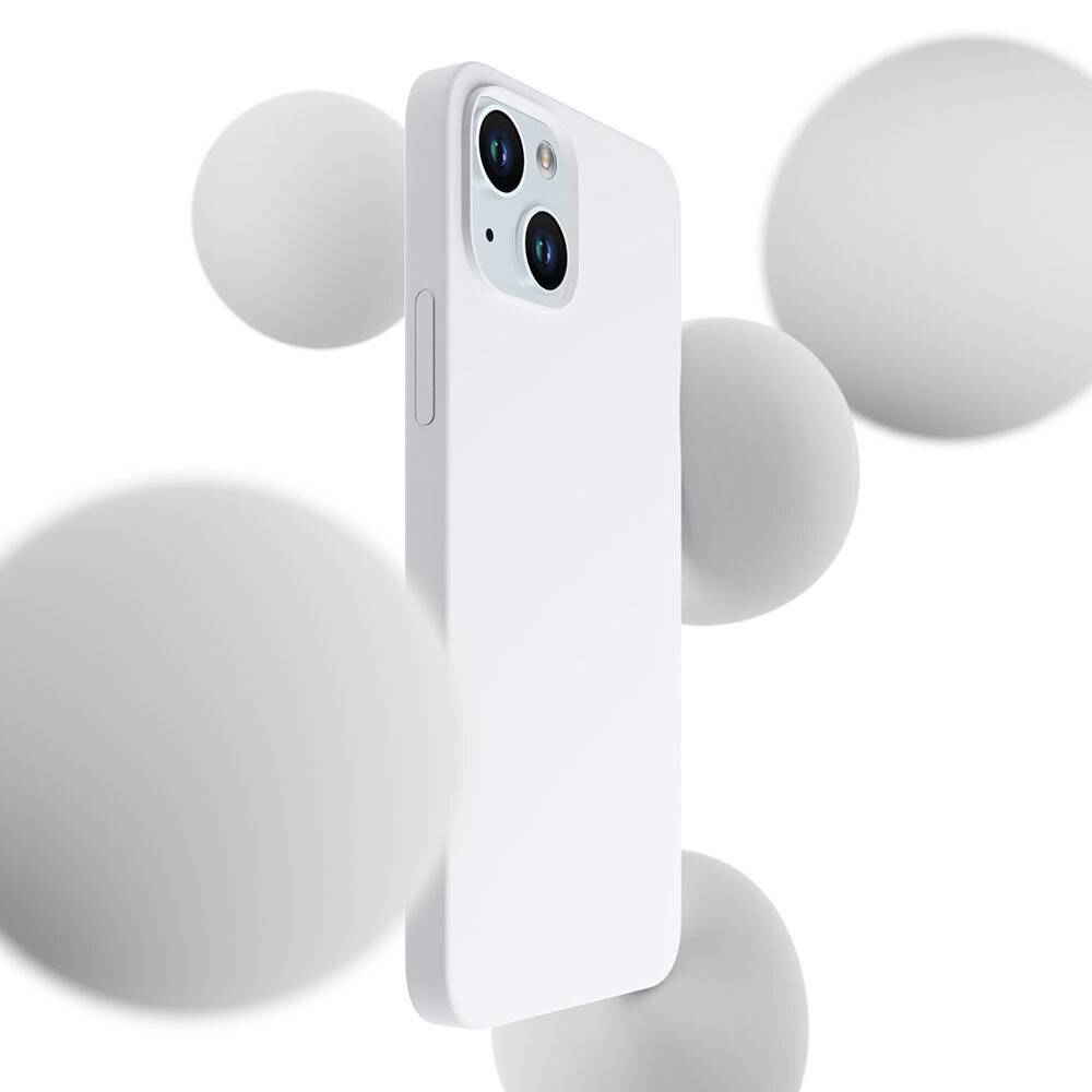 Ein weißes Smartphone mit Dual-Rückkameras ist von schwebenden weißen Kugeln auf einem einfachen Hintergrund umgeben.