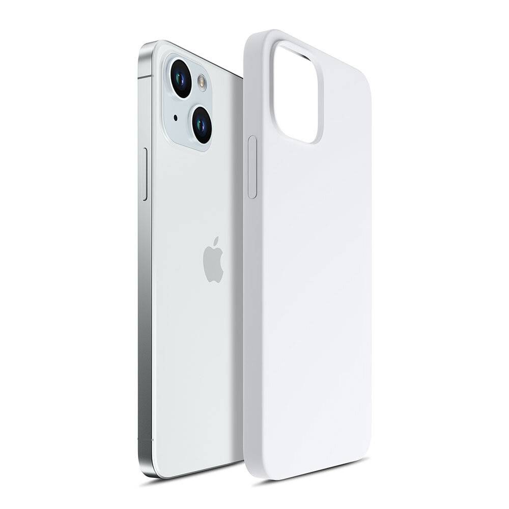 Ein weißes Smartphone mit Dual-Kameras und einem Apple-Logo, angezeigt mit einer passenden weißen Schutzhülle daneben.