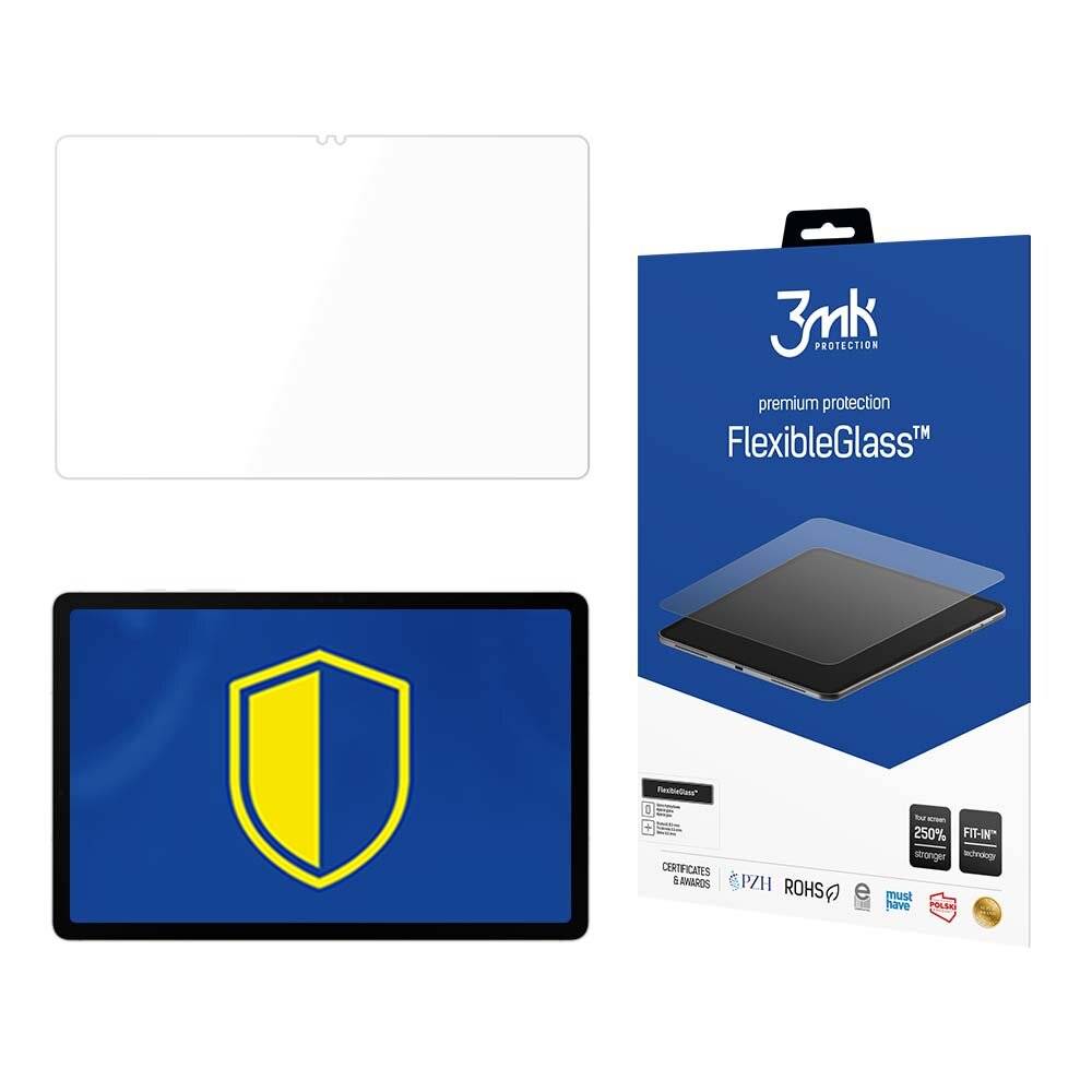 FlexibleGlass-Displayschutzfolie-Verpackung mit dem Produkt, die den Schutz über einem Tablet-Bildschirm zeigt, auf dem ein blau-gelbes Schild-Symbol angezeigt wird.