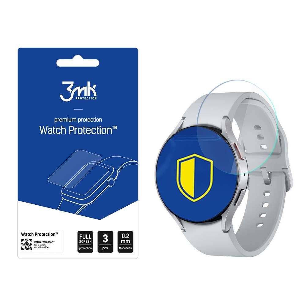 3mk Protection' Displayschutzfolie in Verpackung neben einer Smartwatch mit Schildsymbol, das Displayschutz veranschaulicht.