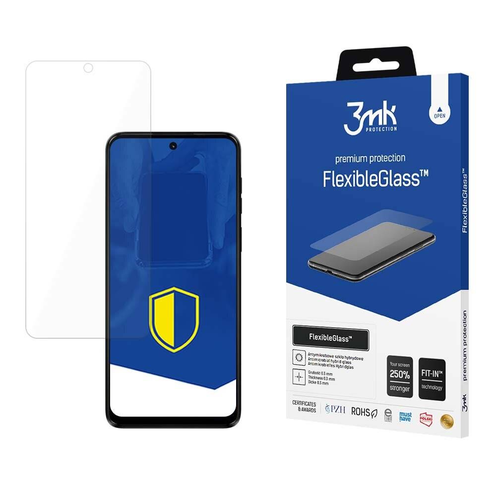 Telefon mit angebrachtem Displayschutz neben einer Verpackungsschachtel mit dem Label '3mk FlexibleGlass'. Die Verpackung hebt wichtige Funktionen und Zertifizierungen hervor.