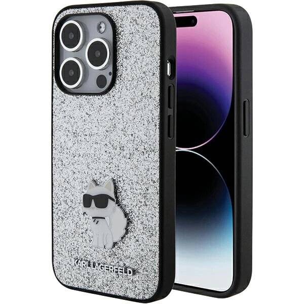 Karl Lagerfeld Feste Glitzer-Choupette-Logo-Metallpin-Hülle iPhone 15 Pro Max – Silber