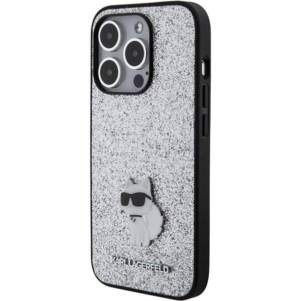 Karl Lagerfeld Feste Glitzer-Choupette-Logo-Metallpin-Hülle iPhone 15 Pro Max – Silber