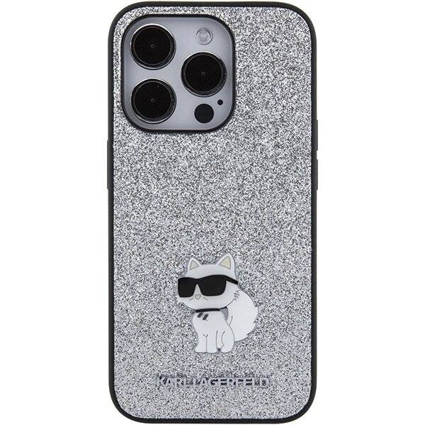 Karl Lagerfeld Feste Glitzer-Choupette-Logo-Metallpin-Hülle iPhone 15 Pro Max – Silber