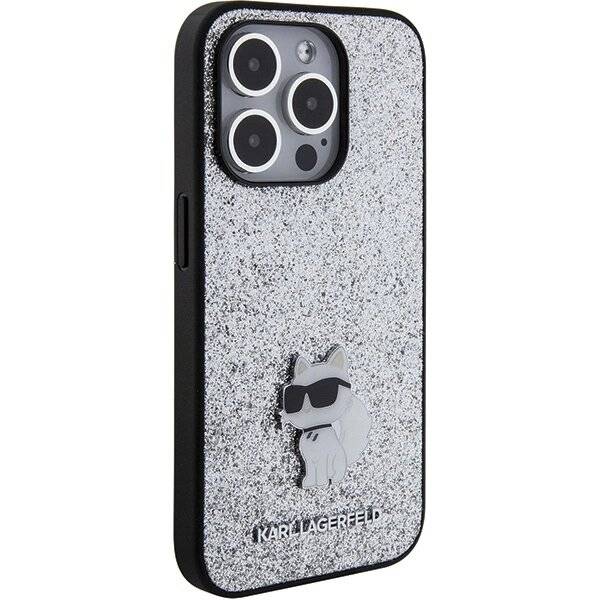 Karl Lagerfeld Feste Glitzer-Choupette-Logo-Metallpin-Hülle iPhone 15 Pro Max – Silber