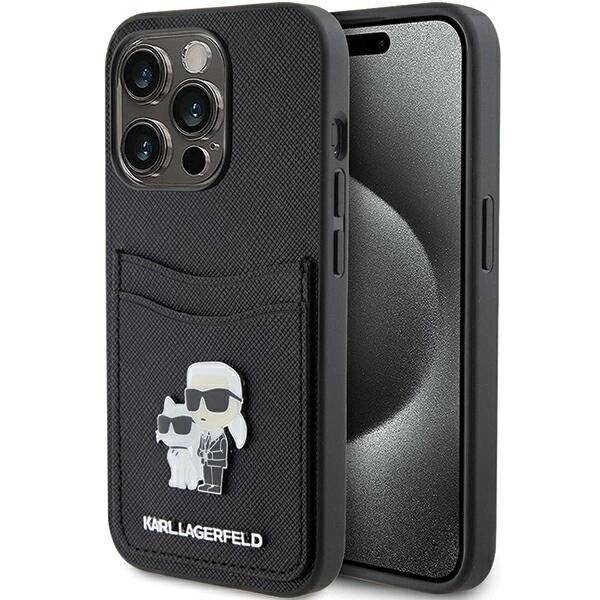 Karl Lagerfeld Saffiano Cardslot Karl&Choupette Metal Pin Hülle iPhone 15 Pro – Schwarz