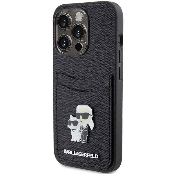 Karl Lagerfeld Saffiano Cardslot Karl&Choupette Metal Pin Hülle iPhone 15 Pro – Schwarz