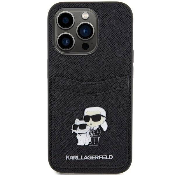 Karl Lagerfeld Saffiano Cardslot Karl&Choupette Metal Pin Hülle iPhone 15 Pro – Schwarz