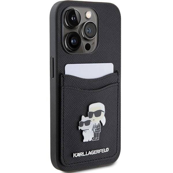 Karl Lagerfeld Saffiano Cardslot Karl&Choupette Metal Pin Hülle iPhone 15 Pro – Schwarz