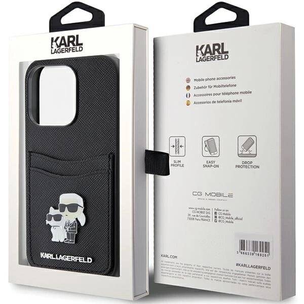 Karl Lagerfeld Saffiano Cardslot Karl&Choupette Metal Pin Hülle iPhone 15 Pro – Schwarz