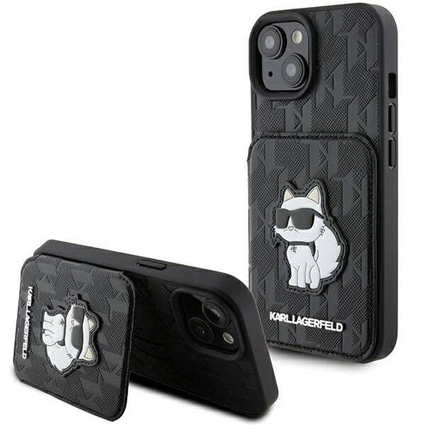 Karl Lagerfeld Saffiano Cardslots and Stand Monogram Choupette Hülle iPhone 15 – Schwarz