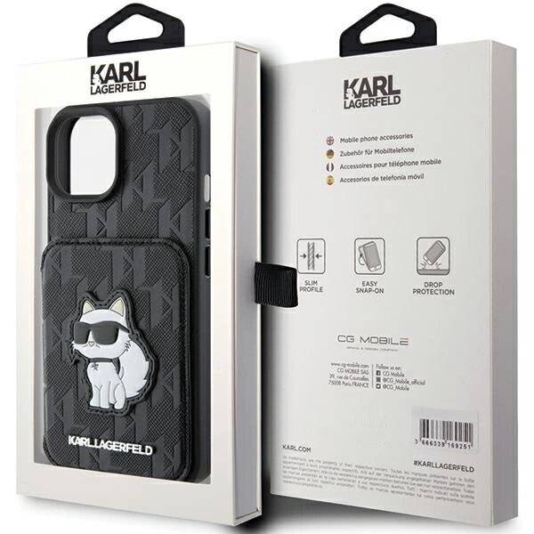 Karl Lagerfeld Saffiano Cardslots and Stand Monogram Choupette Hülle iPhone 15 – Schwarz