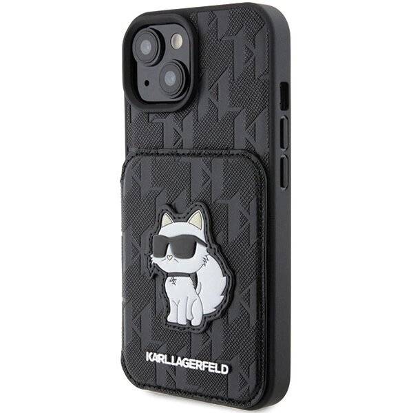 Karl Lagerfeld Saffiano Cardslots and Stand Monogram Choupette Hülle iPhone 15 – Schwarz