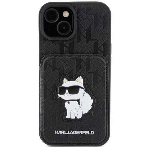 Karl Lagerfeld Saffiano Cardslots and Stand Monogram Choupette Hülle iPhone 15 – Schwarz