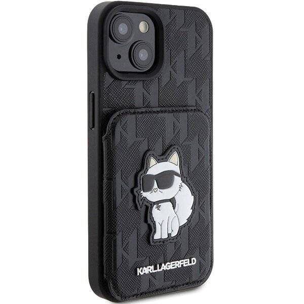 Karl Lagerfeld Saffiano Cardslots and Stand Monogram Choupette Hülle iPhone 15 – Schwarz