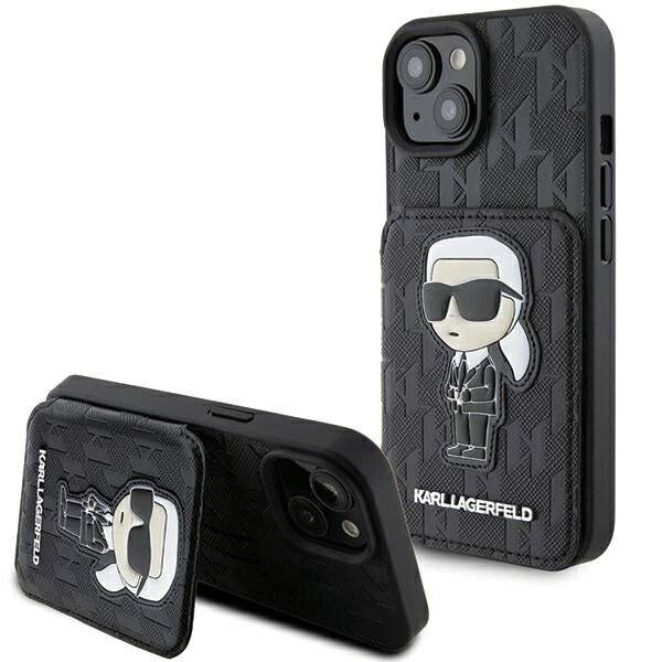 Karl Lagerfeld Saffiano Cardslots and Stand Monogram Ikonik Patch Hülle iPhone 15 – Schwarz