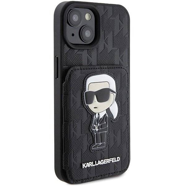 Karl Lagerfeld Saffiano Cardslots and Stand Monogram Ikonik Patch Hülle iPhone 15 – Schwarz