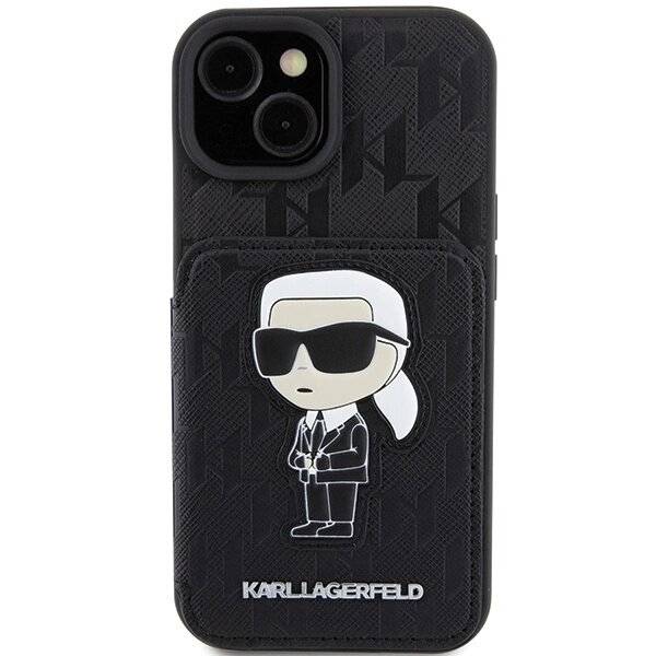 Karl Lagerfeld Saffiano Cardslots and Stand Monogram Ikonik Patch Hülle iPhone 15 – Schwarz