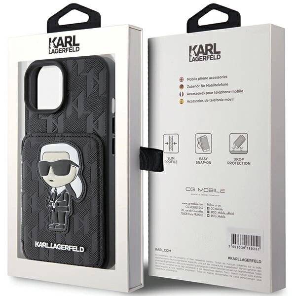 Karl Lagerfeld Saffiano Cardslots and Stand Monogram Ikonik Patch Hülle iPhone 15 – Schwarz