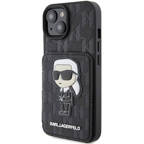 Karl Lagerfeld Saffiano Cardslots and Stand Monogram Ikonik Patch Hülle iPhone 15 – Schwarz