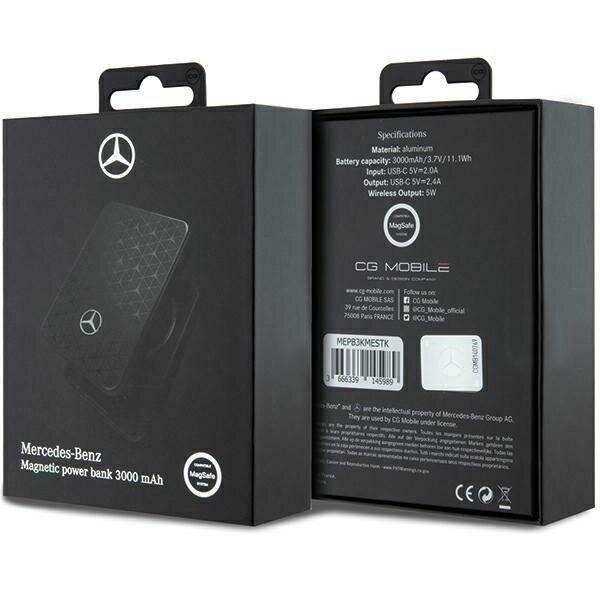 Doppelansicht einer Mercedes-Benz-Powerbank-Schachtel. Vorderseite zeigt Logo; Rückseite listet Spezifikationen auf: 3000mAh, kabellose Ausgangsleistung 5W.